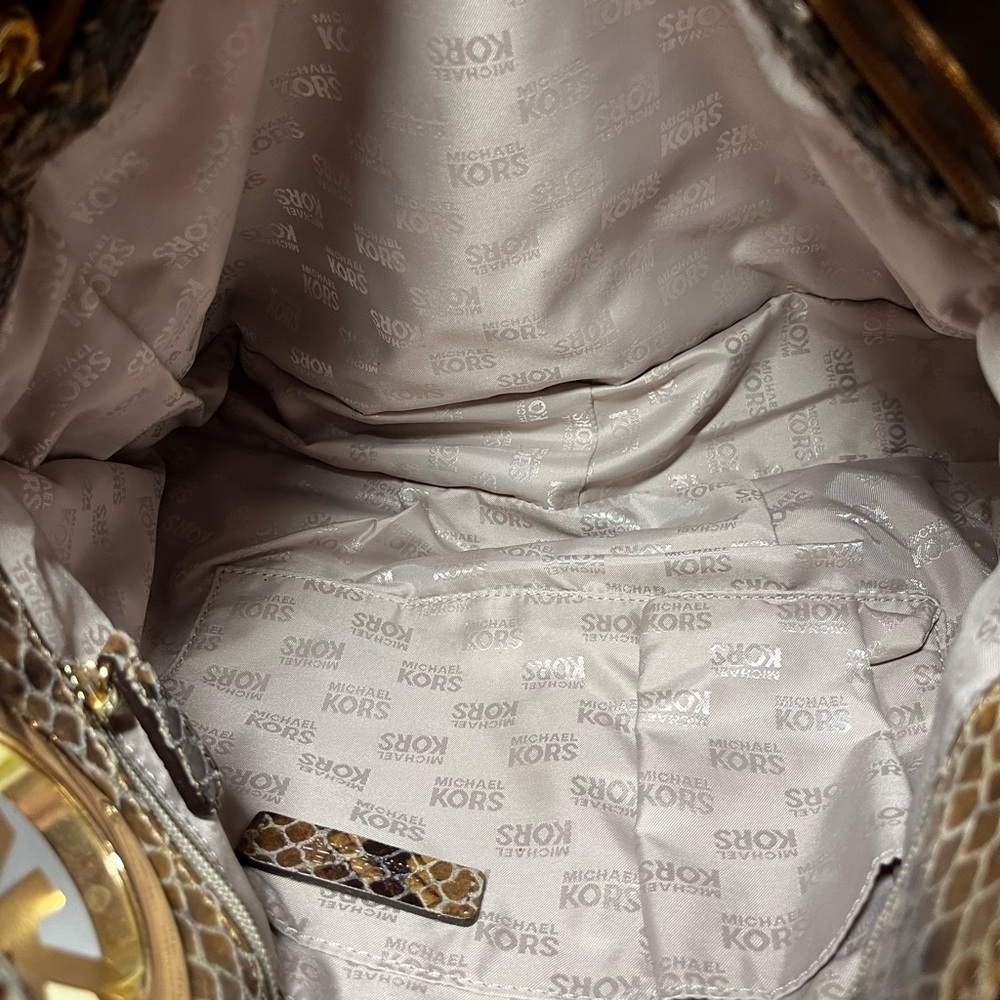 Michael Kors - Python Embossed Leather Shoulder Bag - Gray/Tan - Picture 7 of 10